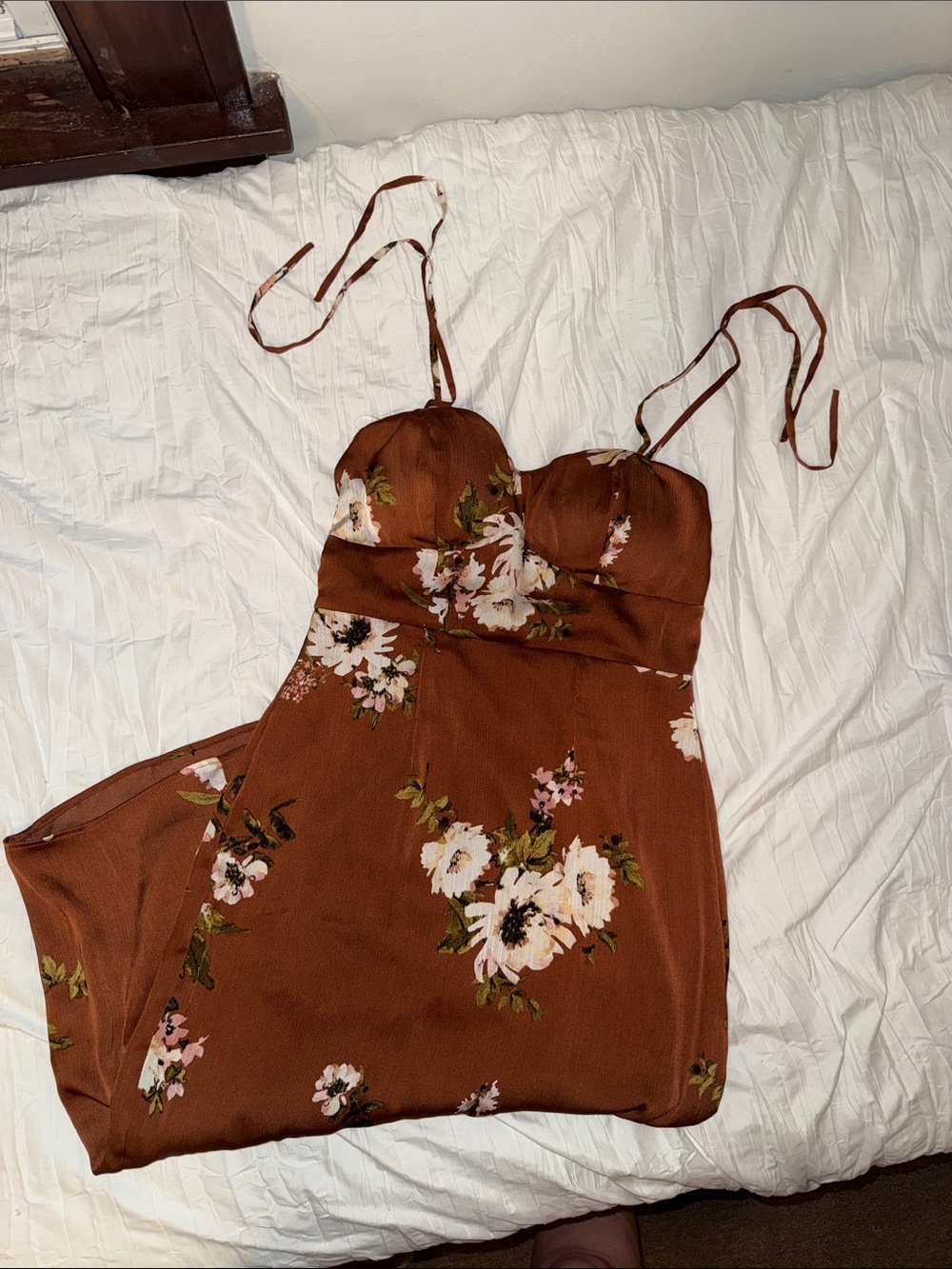 Brown Floral Spaghetti Strap Midi Dress